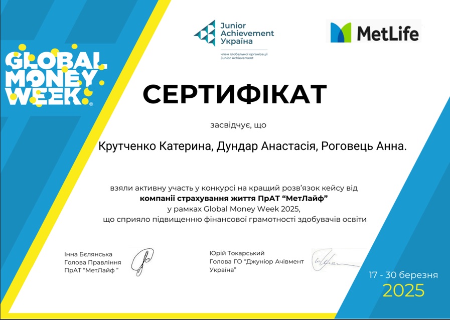 Іменні сертифікати здобувачам вищої освіти спеціальності 072 «Фінанси, банківська справа та страхування» 1 і 2 курсів